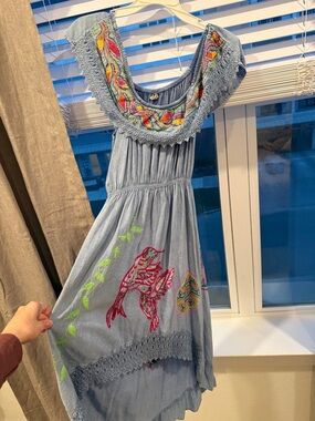 Girls Blue Embroidered Off-Shoulder Dress